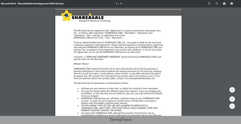 Screenshot of Merchant Terms of Use as PDF from ShareASale