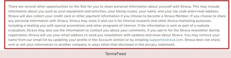 Type of Personal Information Collected by Strava