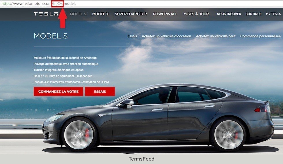 Screenshot of Tesla Motors Canada in French