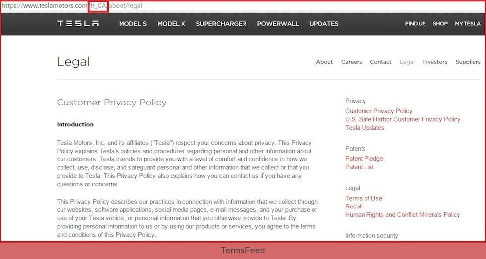 Legal agreements in English on Tesla Motors Canada