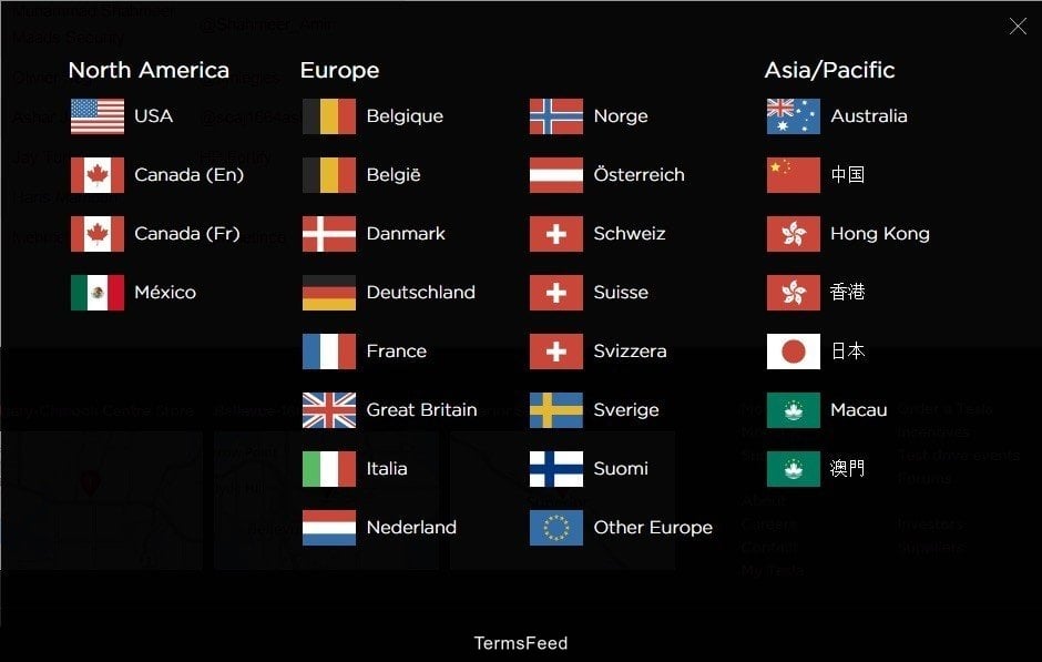 Tesla Motors: Country Selector