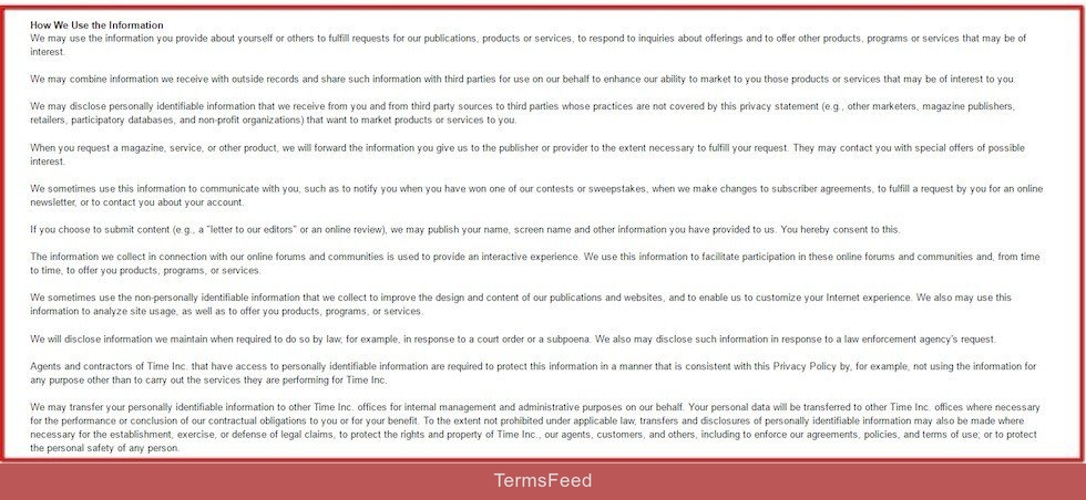 How we use information in Default Privacy Policy of Time