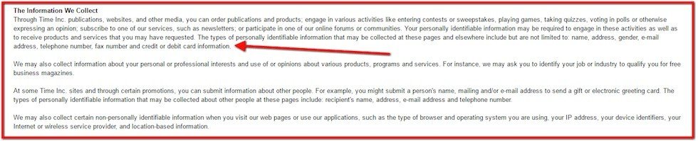 Information we collect in Default Privacy Policy of Time