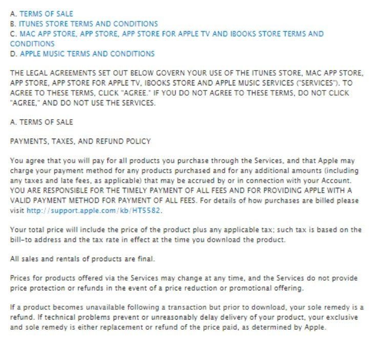 The Terms of Sale section in Apple Terms and Conditions agreement