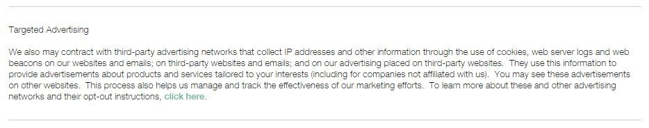 Targeted Advertising section in Clinique Privacy Policy