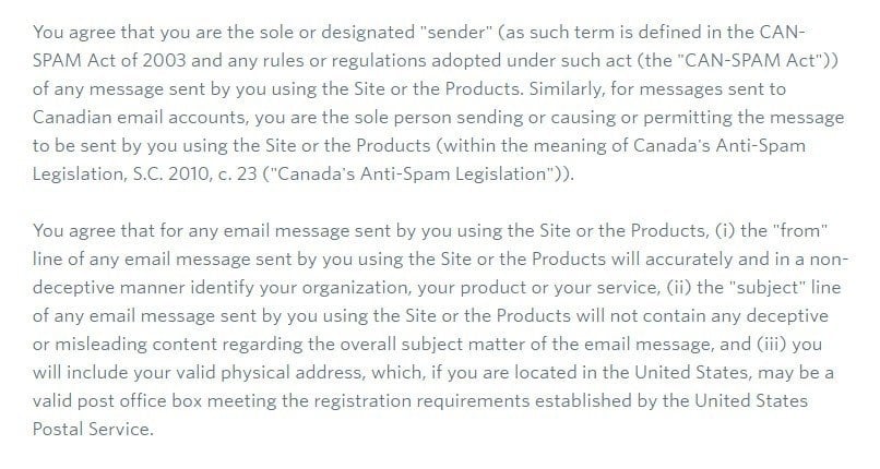 The Messages section of Constant Contact legal agreement