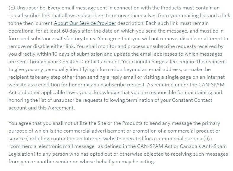 The Unsubscribe section in Constant Contact legal agreement