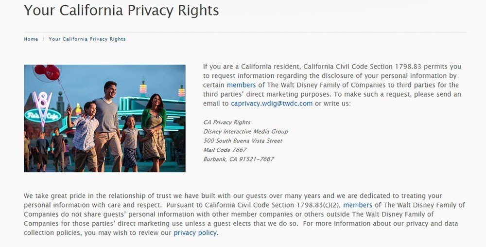 Screenshot of Your California Privacy Rights page from Disney