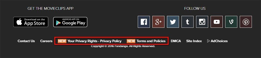 Highlight the legal agreements and policies from Fandango footer