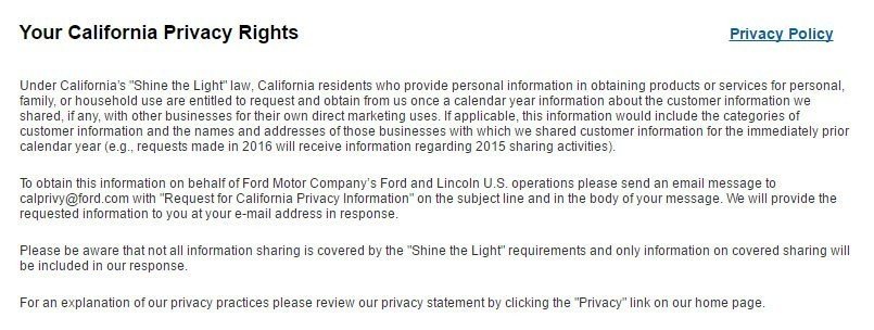 Screenshot of Your CA Privacy Rights page of Ford