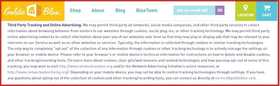 Third party tracking and advertising with Goldie Blox
