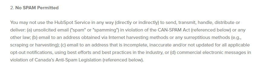 No spam permitted in HubSpot Acceptable Use Policy