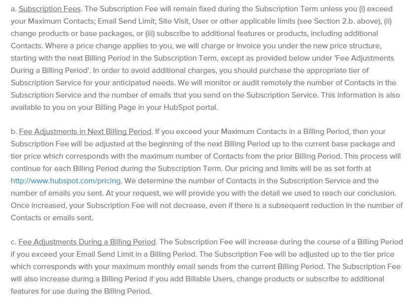 The Subscription Fees clause from HubSpot Terms and Conditions