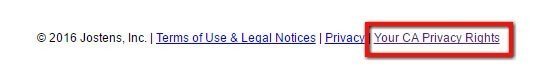 Footer of Jostens: Highlight where the link to Your CA Privacy Rights is