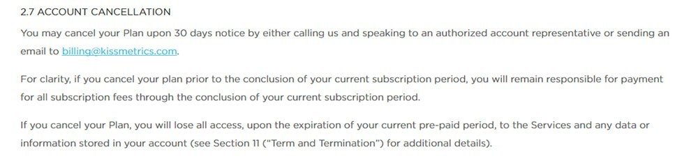 The Account Cancellation clause in Terms of Use of Kissmetrics