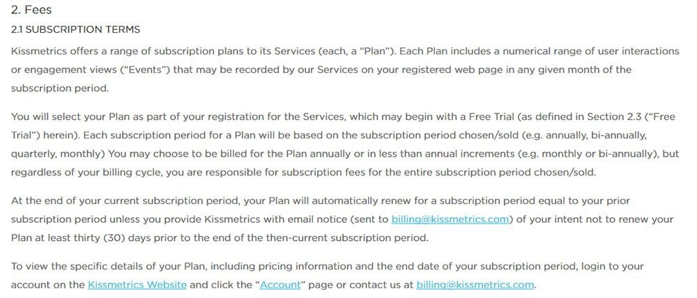 The Fees clause in Terms of Use of Kissmetrics