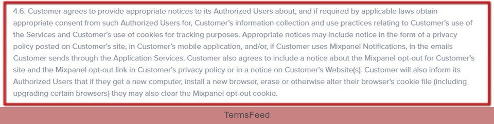 Clause in Mixpanel Terms of Use: Customer agrees
