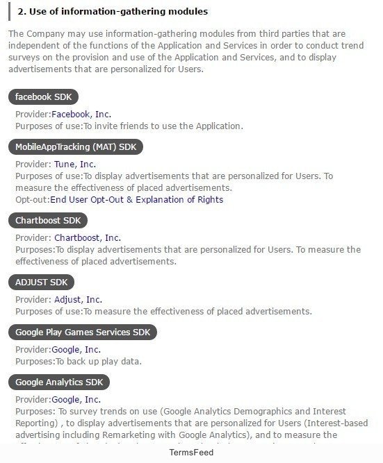Monster Strike Privacy Policy: Use of information and modules used