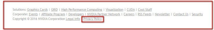 NVIDIA footer: Highlight where the Privacy Policy link is