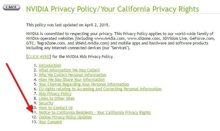 Table of Contents of Privacy Policy of NVIDIA highlighting Section 11