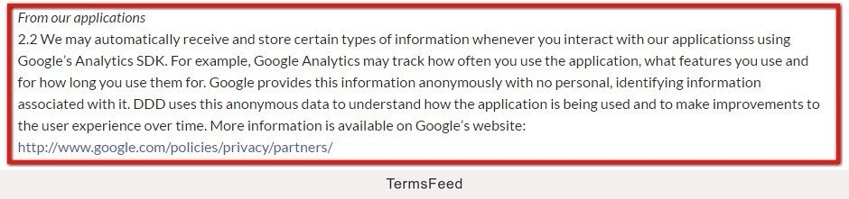 Privacy Policy of TriDef informs users of Google Analytics SDK
