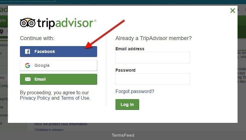 TripAdvisor: Signup for Facebook, Google or Email