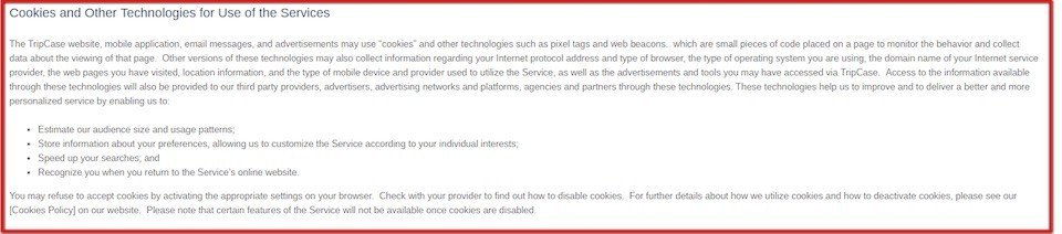 Cookies and Other Technologies for Use of Services in Tripcase