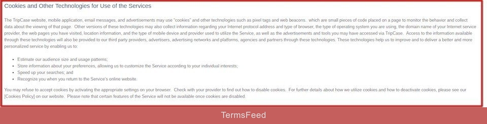 Cookies and Other Technologies for Use of Services in Tripcase