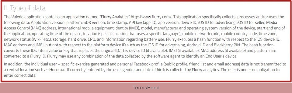 Valedo Privacy Policy informs users of Flurry usage