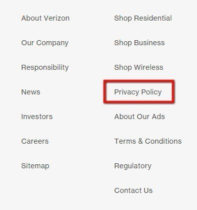 Footer of Verizon website: Highlight where the Privacy Policy link is