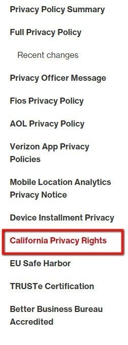 Verizon Privacy Policy: Highlight California Privacy Rights section