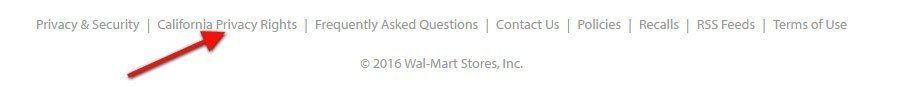 Footer of Walmart website: Highlight where California Privacy Rights link is