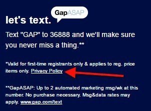 Gap ASAP SMS links to GAP&#039;s Privacy Policy