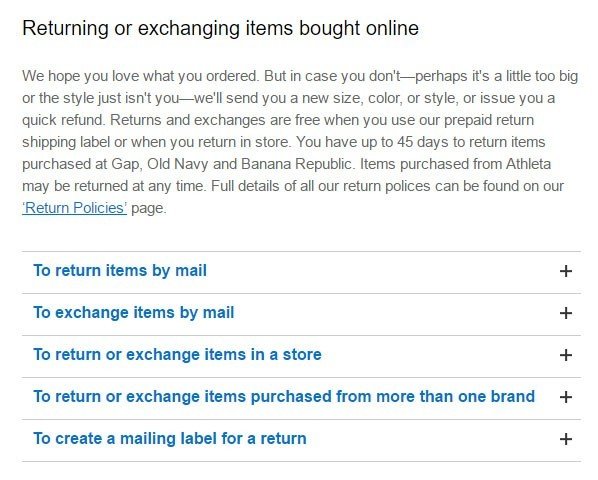 Gap policy on return and exchanging items