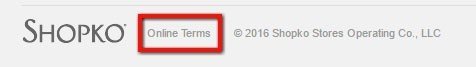 Shopko website: Highlight Online Terms agreement link
