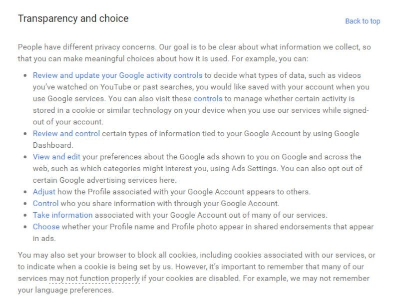 Opt-out method in Google Transparency and Choice section