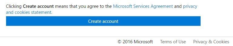 Microsoft version of clickwrap: Create account and agree to Services, Privacy and Cookies Statement