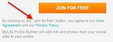 MyLife version of clickwrap: Join for Free and agree to User Agreement and Privacy Policy