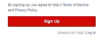 Yelp version of clickwrap: Sign-up for account and agree to Terms of Service, Privacy Policy