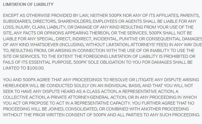 500px Terms of Service: Limitation of Liability