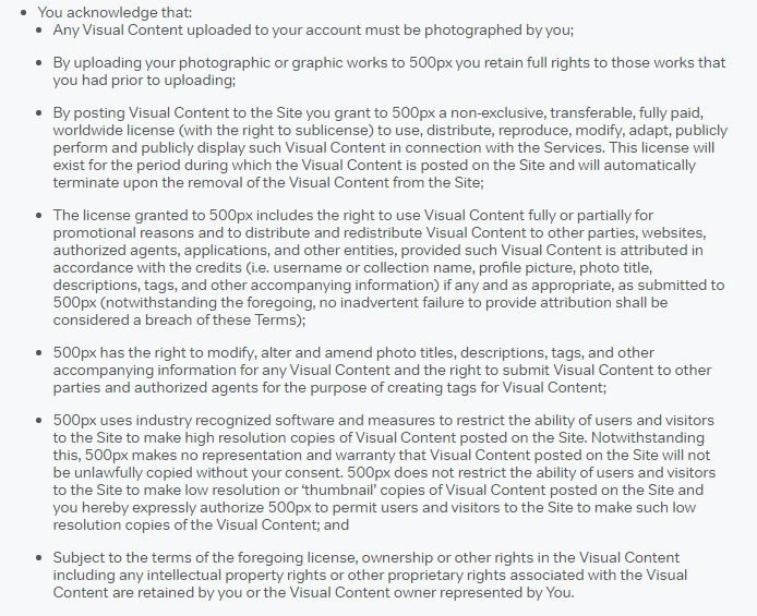 500px Terms of Service: User-generated content policy