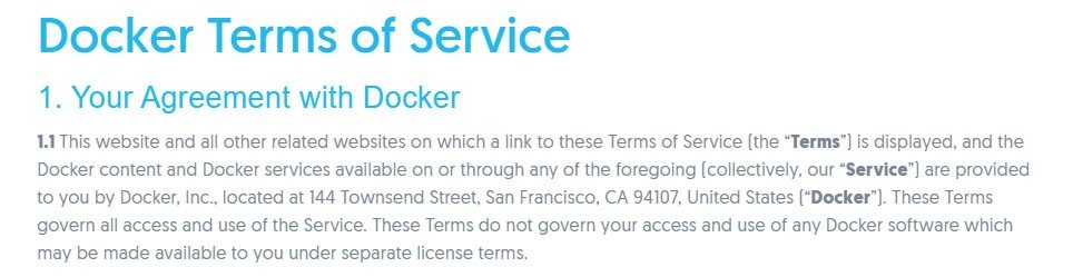 Docker Terms of Service page
