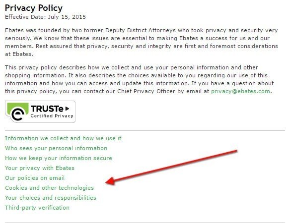 The Topics Menu of Ebates Privacy Policy