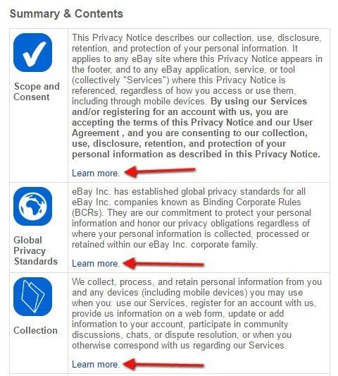 eBay Privacy Policy: The Summary and Contents section