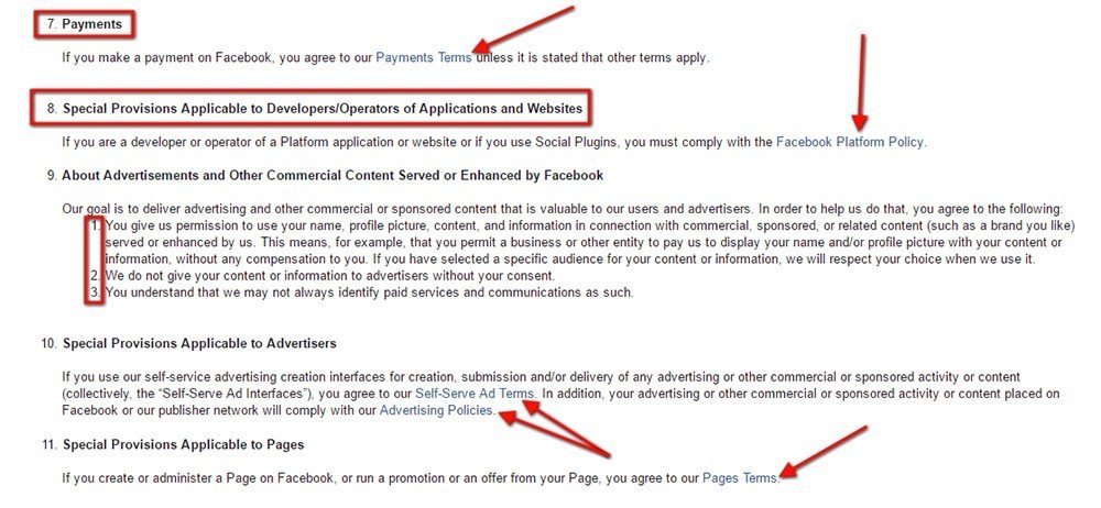 Facebook Terms of Service: Highlight sections such as Payments or Special Provisions