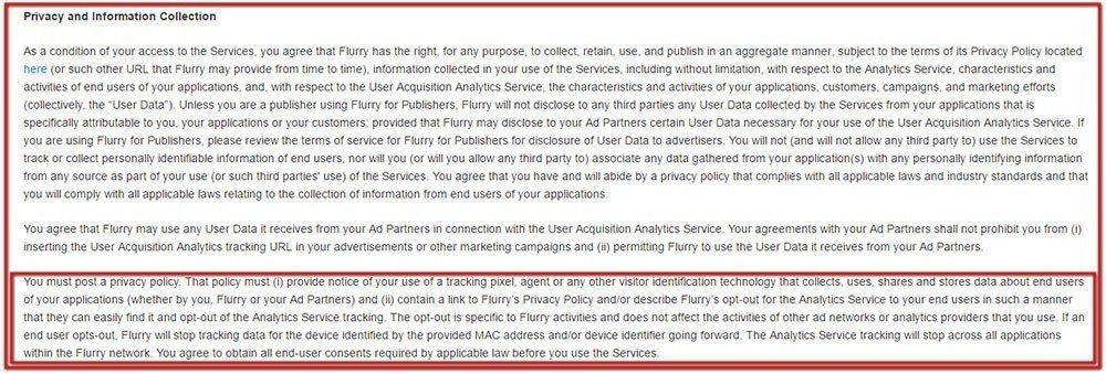 Flurry Terms of Service: the Privacy and Information Collection requirements