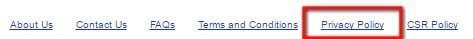 OLA Cabs footer on website: Highlight Privacy Policy link
