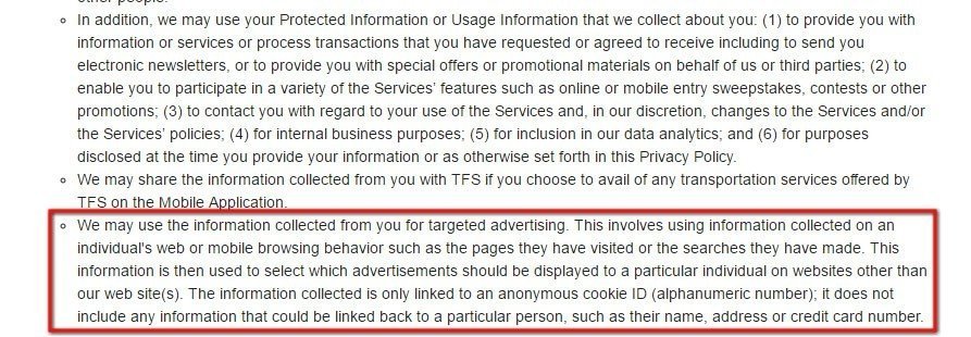 OLA Cabs Privacy Policy: Use of information collected for targeted advertising