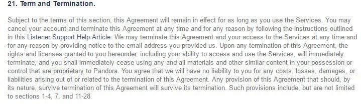 Pandora Terms of Use: Term and Termination: