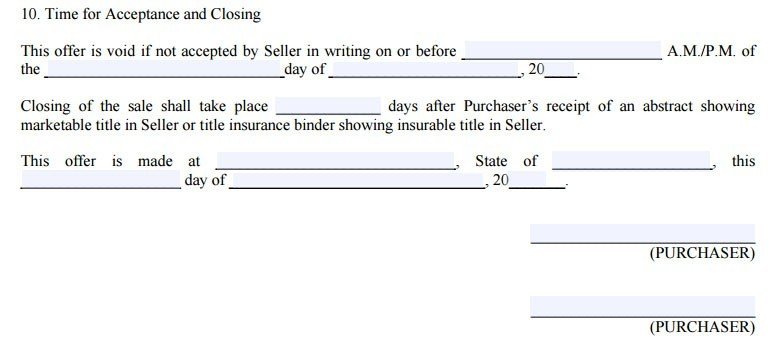 Real estate form: date offer included along with a deadline for the seller to reject or accept